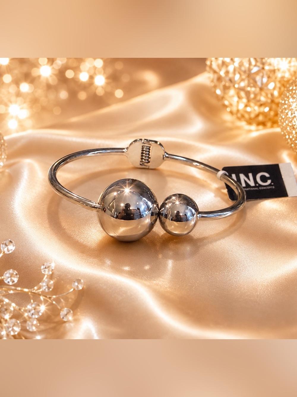 INC International Concepts Silver Tone Double Sphere Hinged Bangle Bracelet NWT